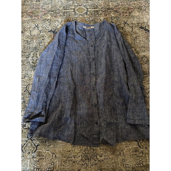 Flax Tops - Flax Long Sleeve 100% Linen Blouse Shirt Size Small Blue Button Down